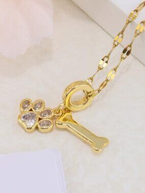 Dog Necklace for Women with Bone & Paw Print Charm -‎ Dainty Memorial Gift